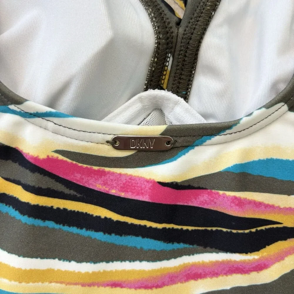 DKNY Women Ruffle One Piece Swimsuit Size 12 Colorful Ruched Tummy Control Artsy - Picture 11 of 16